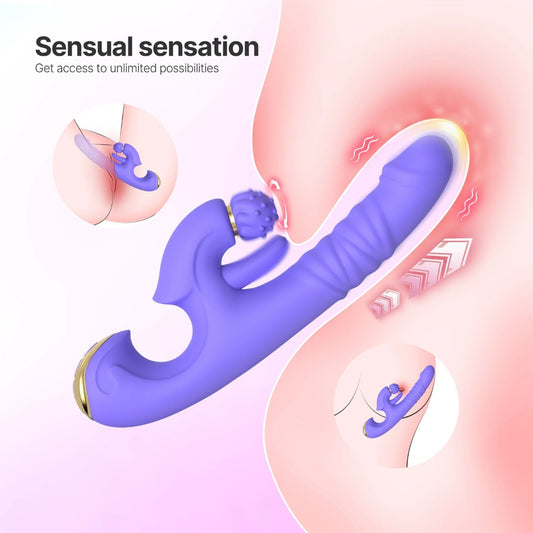 Purple sexual product with anatomical illustrations and text on a light pink background