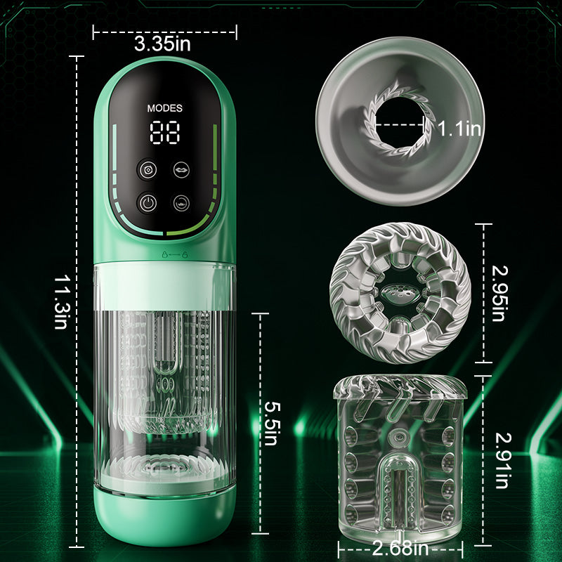 A green and clear adult novelty device with a digital display, shown with dimension callouts and close-up views of its internal rings and outer chamber on a dark green background.