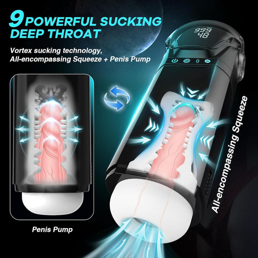 Sexual product with text highlighting '9 Powerful Sucking Deep Throat' and 'Vortex sucking technology'.