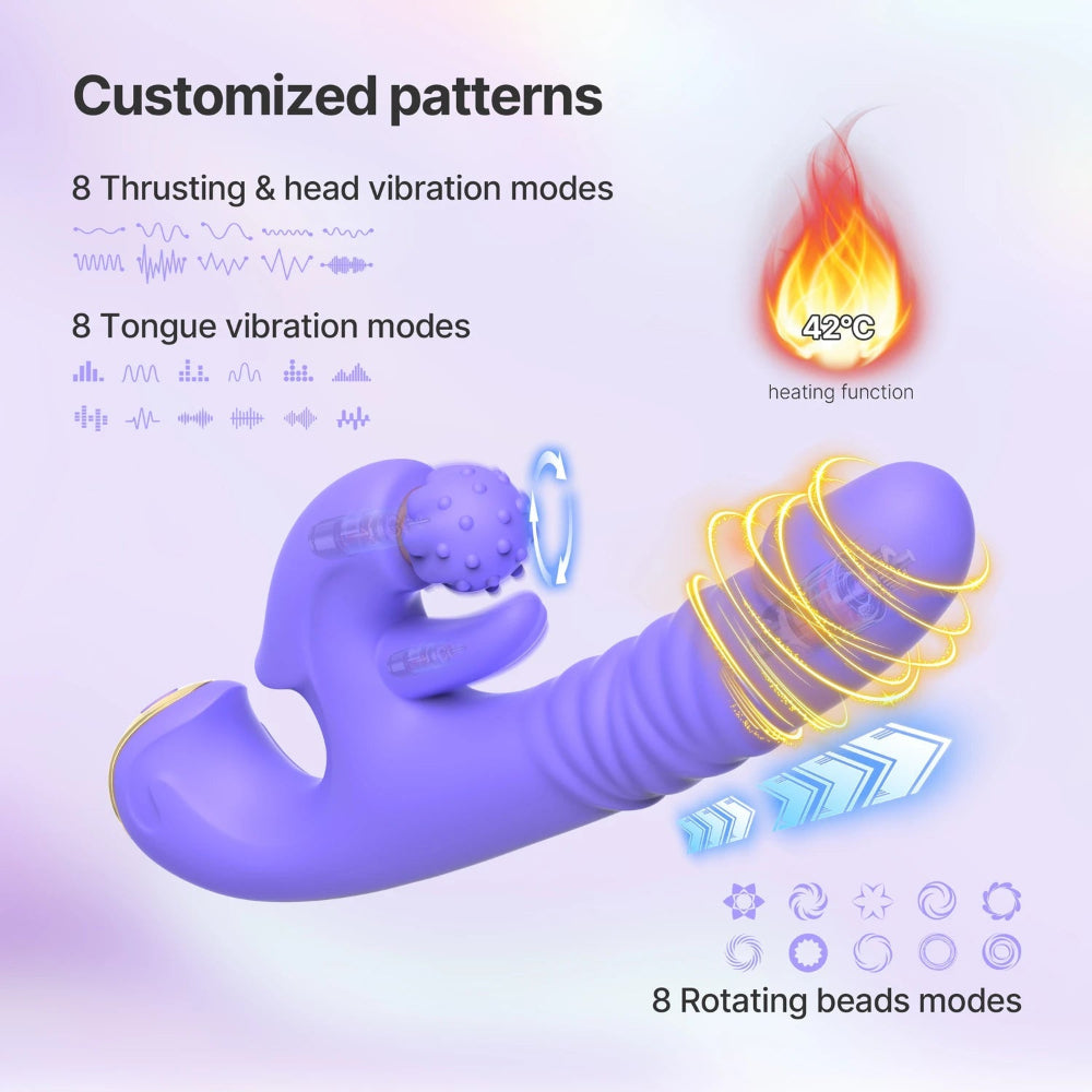 Purple toy with various vibration and heating modes on a light purple background