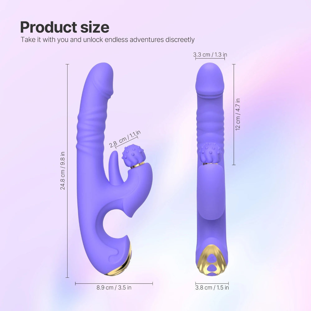 Product size diagram showing a purple curved personal massager from two angles with dimension labels on a soft pastel gradient background.