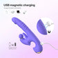 Purple USB magnetic charging personal massager shown on a soft pink-to-white gradient background with feature callouts, including charging icons, a close-up of the magnetic connection, and battery usage text.