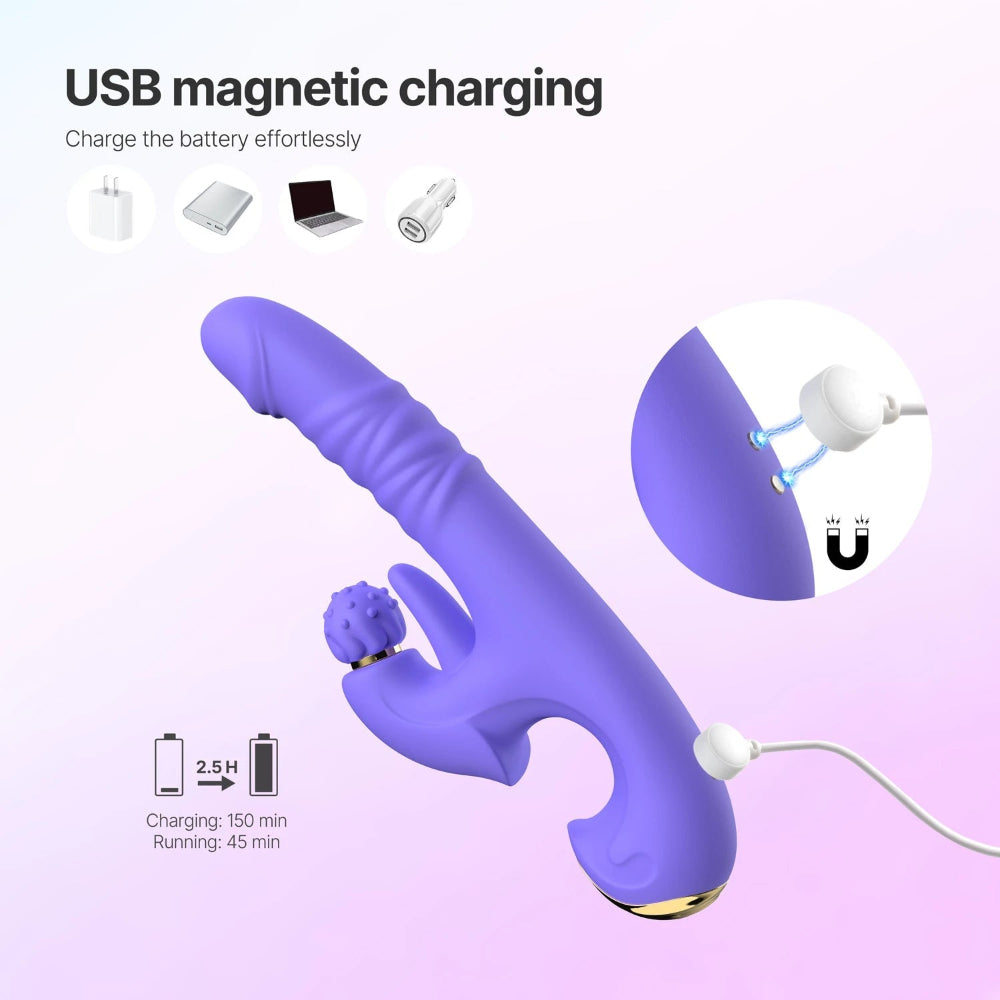 Purple USB magnetic charging personal massager shown on a soft pink-to-white gradient background with feature callouts, including charging icons, a close-up of the magnetic connection, and battery usage text.