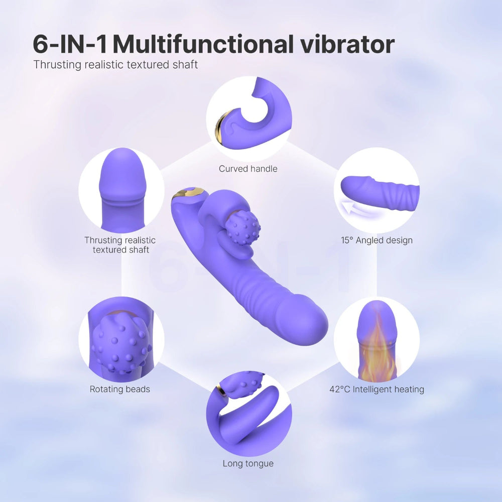 6-in-1 multifunctional vibrator with features highlighted on a light blue background