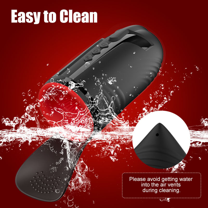 Black Bluetooth speaker with water splashes on a red background, indicating it is easy to clean.