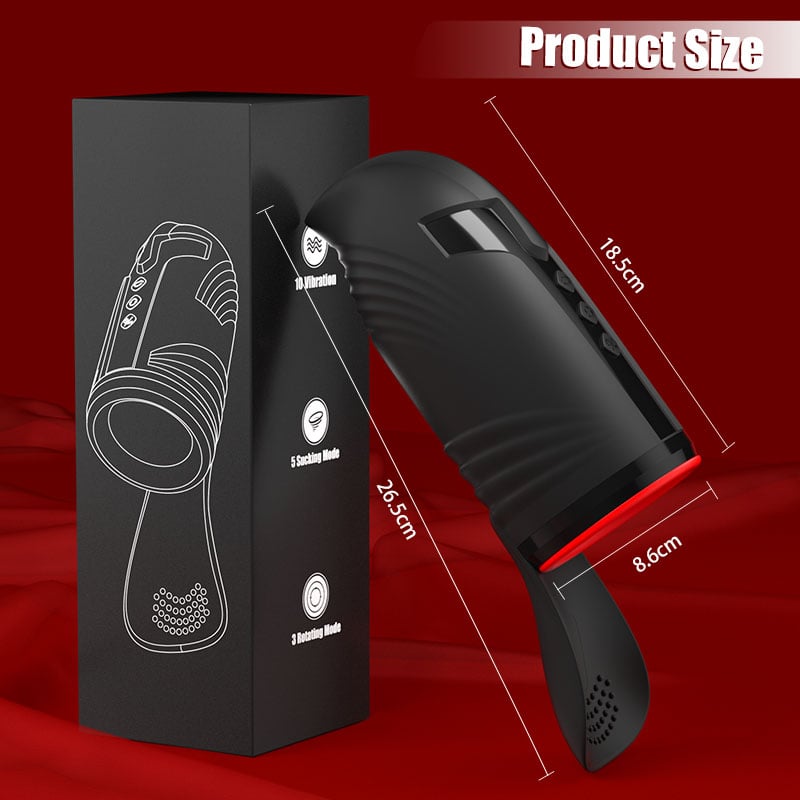 Black handheld device with packaging and measurements on a red background