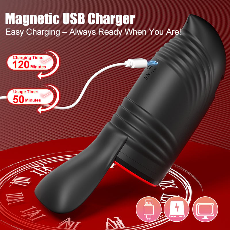 Black magnetic USB charger on a red background with charging time and usage time text.