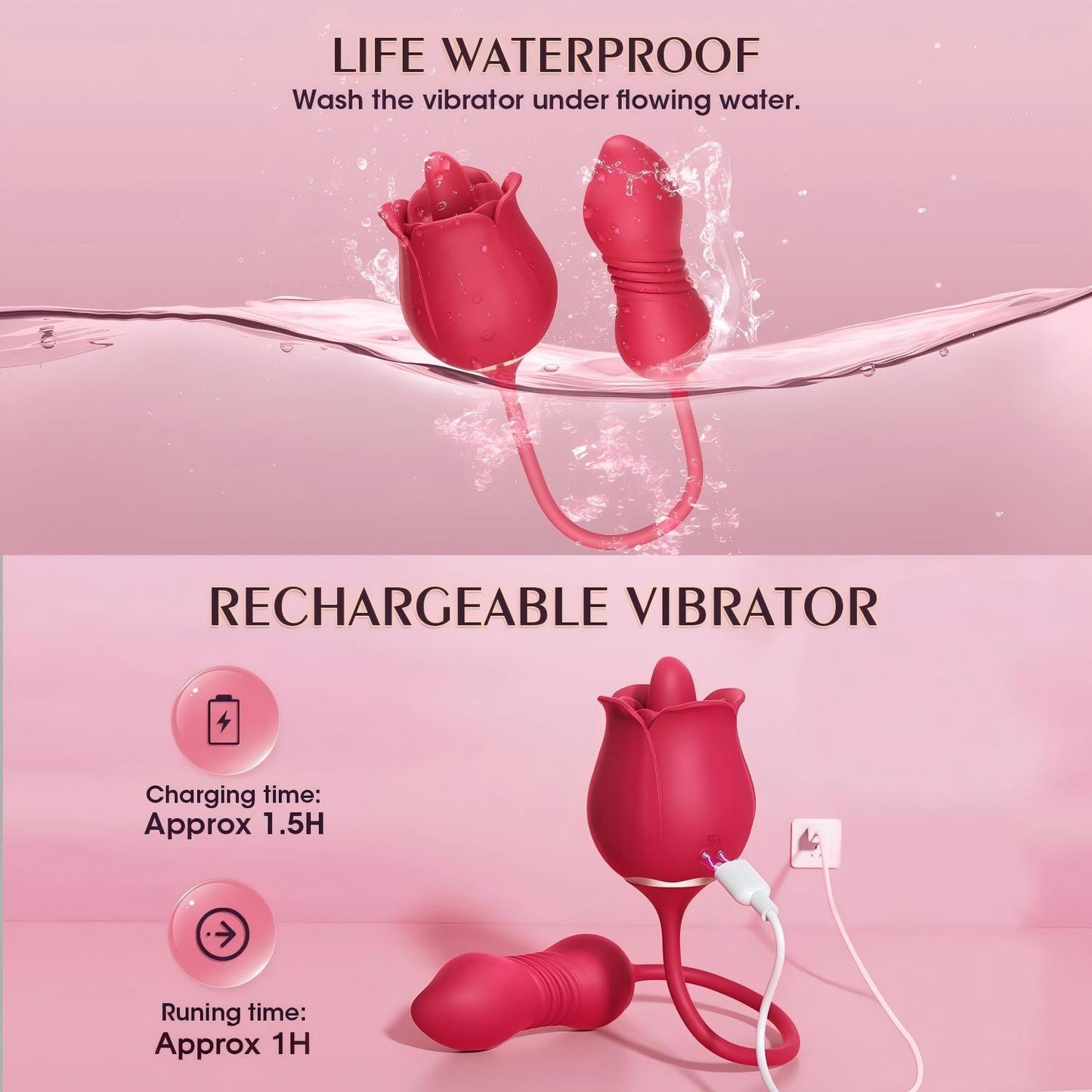 Rose Vibrator with 9 Tongue Licking & 9 Thrusting Modes for Clitoral and G-Spot Stimulation