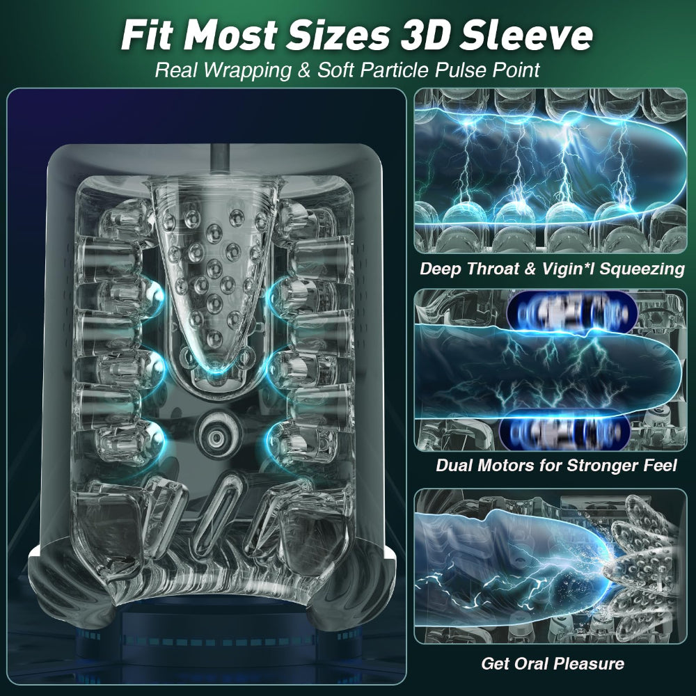 Promotional graphic for a 3D sleeve adult novelty product, showing a transparent inner sleeve with multiple cylindrical and textured elements inside a dark outer sleeve. Text at the top reads 'Fit Most Sizes 3D Sleeve' and 'Real Wrapping & Soft Particle Pulse Point.