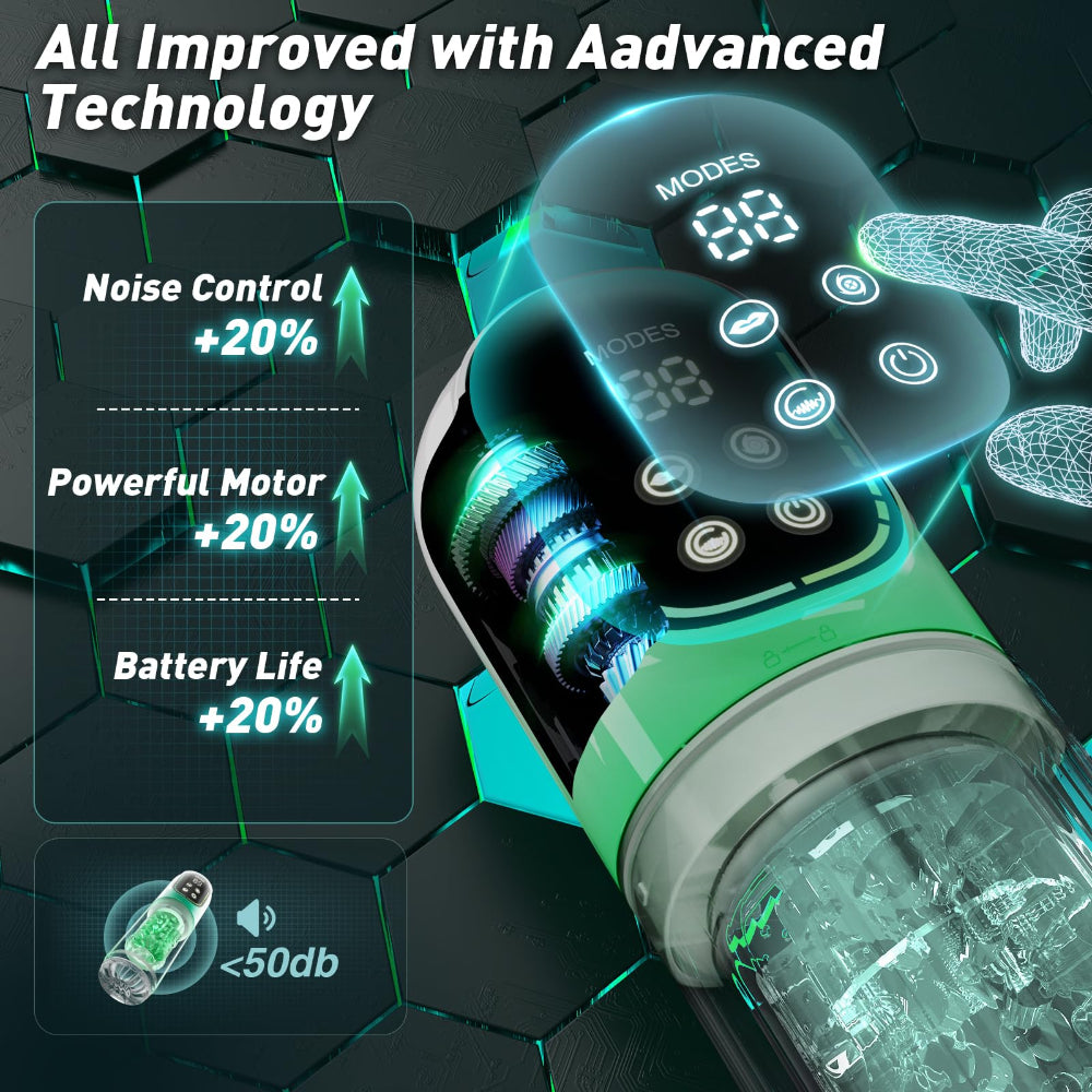 A green and black cylindrical adult novelty device with a transparent chamber and illuminated digital control panel, shown on a dark futuristic background with marketing text and feature callouts about noise control, motor power, and battery life.