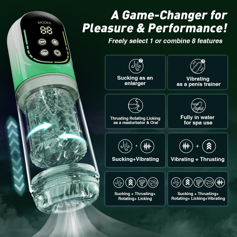 Sexual product with digital display and feature icons on a dark background