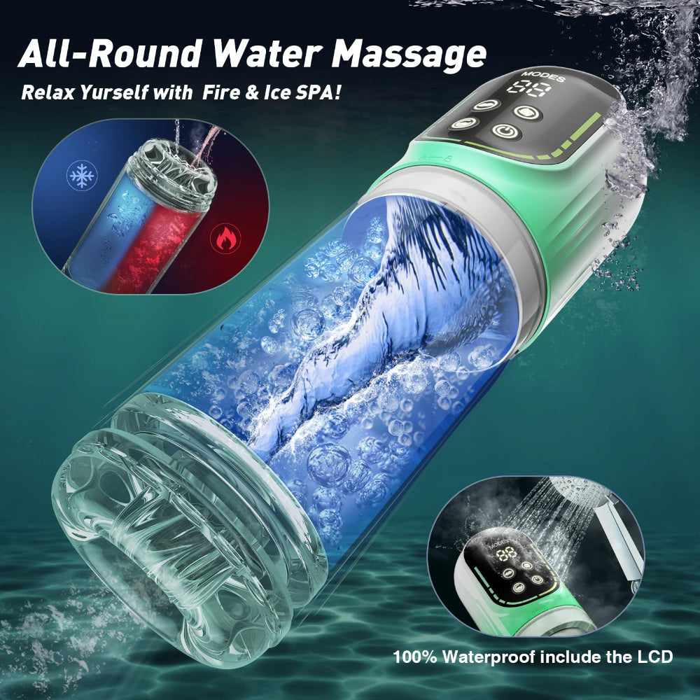 Waterproof device with digital display and water-themed design on a dark blue background