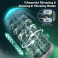 A promotional product graphic for a transparent cylindrical device with glowing teal and white motion graphics, including the text '7 Powerful Thrusting & Rotating & Vibrating Modes' and a circular inset labeled 'Dual motors for stronger feeling.' The product itself appears mostly clear/transparent with teal and white internal visual effects on a dark teal background.