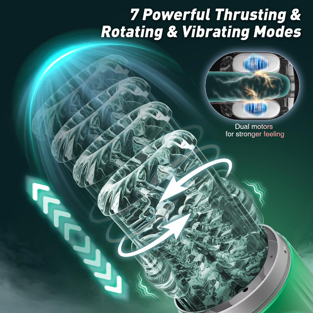 A promotional product graphic for a transparent cylindrical device with glowing teal and white motion graphics, including the text '7 Powerful Thrusting & Rotating & Vibrating Modes' and a circular inset labeled 'Dual motors for stronger feeling.' The product itself appears mostly clear/transparent with teal and white internal visual effects on a dark teal background.