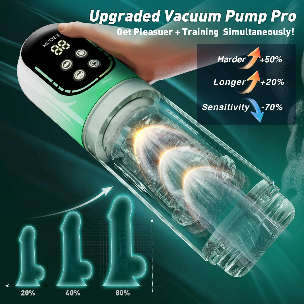 Vacuum pump with digital display and text highlighting features on a dark background