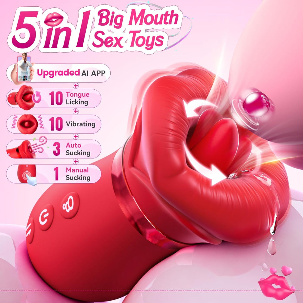 Red sex toy with features listed on a pink background