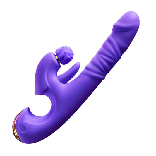 A purple silicone personal massager with a textured dual-stimulation head and gold-toned metallic accents, shown on a plain white background.