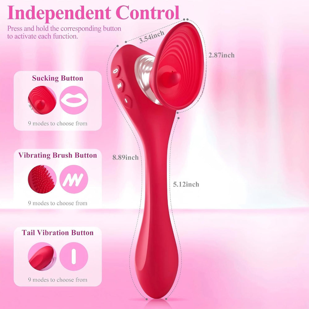 Red handheld electronic device with buttons labeled 'Sucking Button', 'Vibrating Brush Button', and 'Tail Vibration Button' on a pink background.