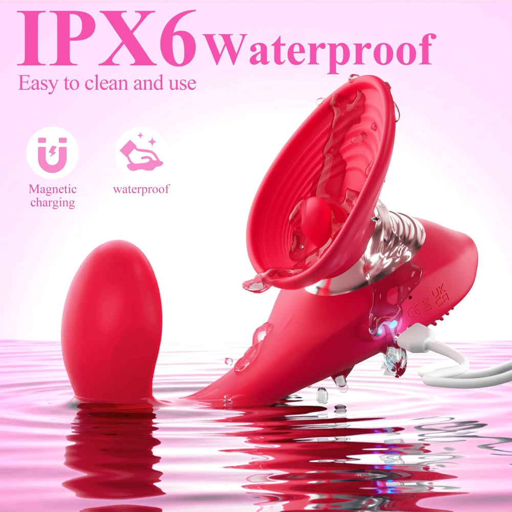 Red electronic device with water resistance feature on a pink background