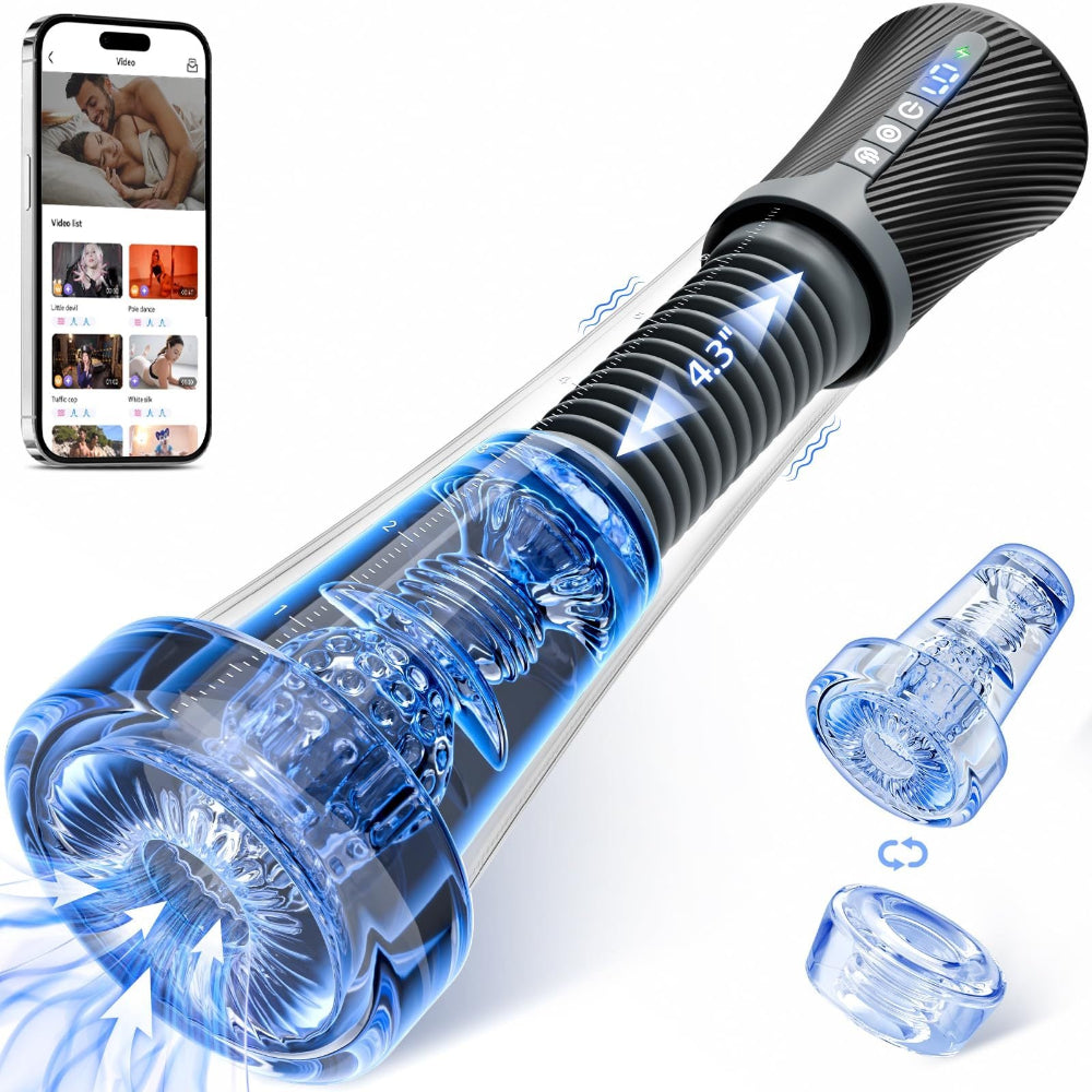 Sexual product with blue and black design, smartphone app interface on the left.