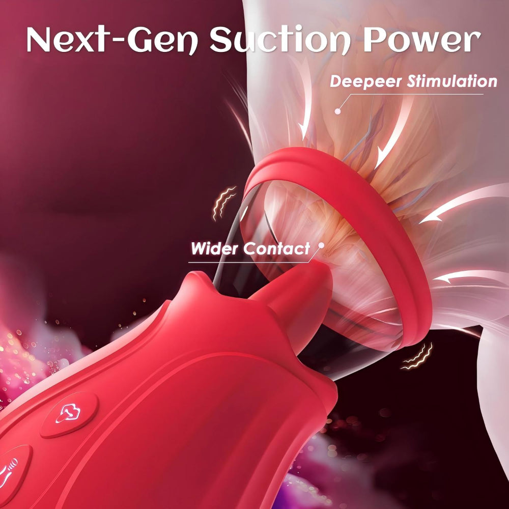 Red suction device with text 'Next-Gen Suction Power' and 'Deepeer Stimulation' on a dark background.