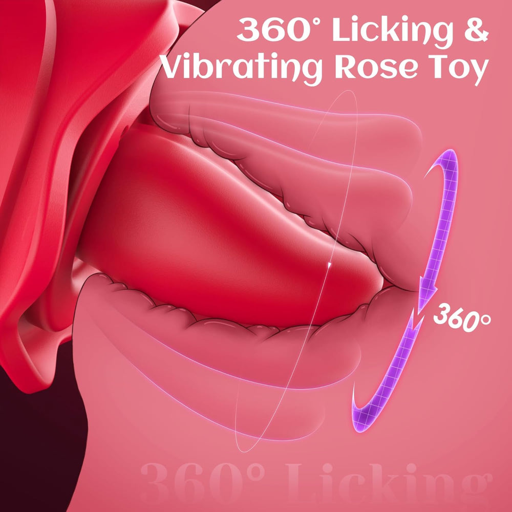 Red rose with '360° Licking & Vibrating Rose Toy' text on a pink background