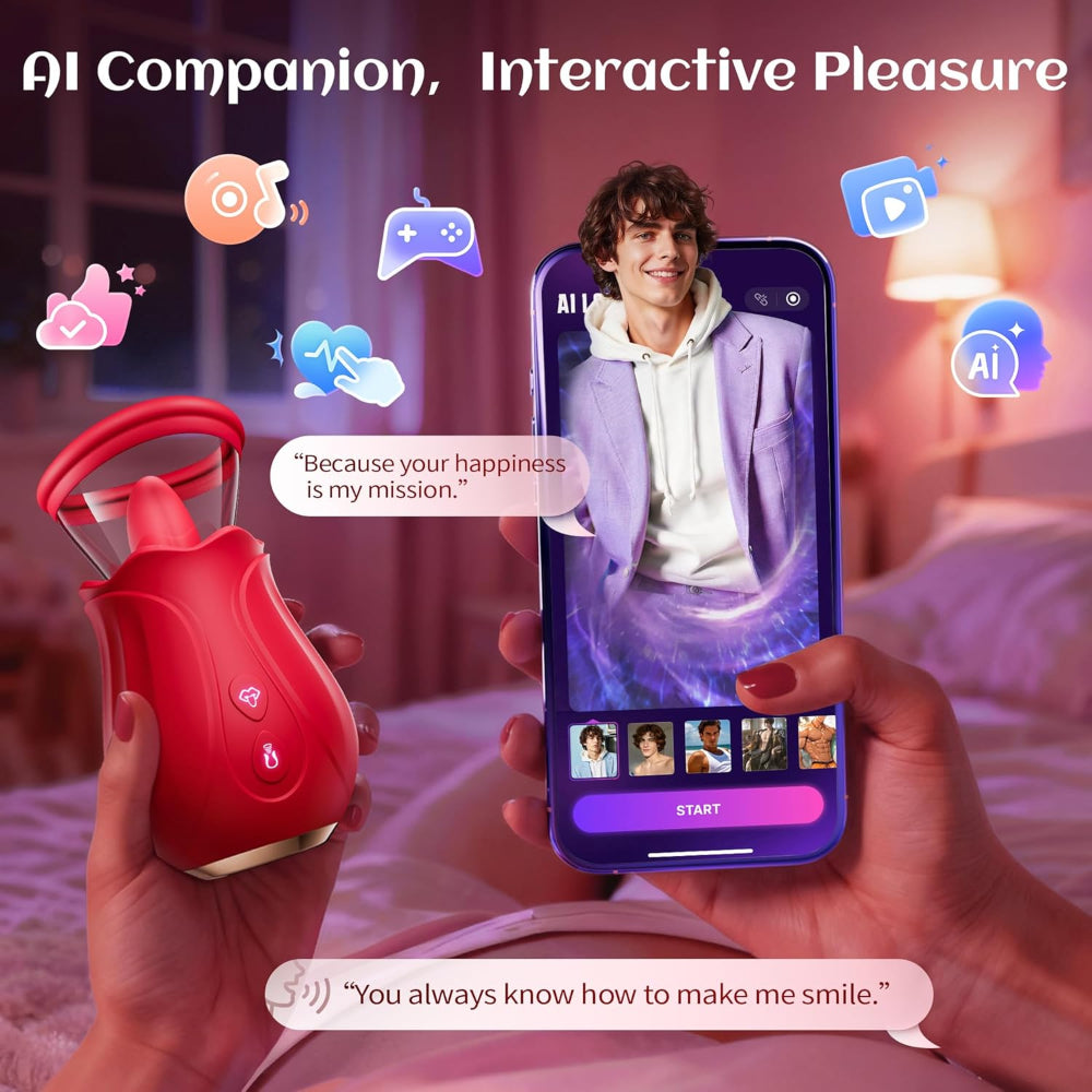 Red electronic device held by a hand with a smartphone displaying an AI interface in another hand, set against a blurred bedroom background.