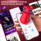 Red remote control device held over a smartphone with app interfaces displayed on screens.