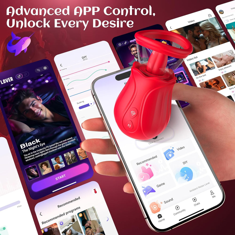 Red remote control device held over a smartphone with app interfaces displayed on screens.