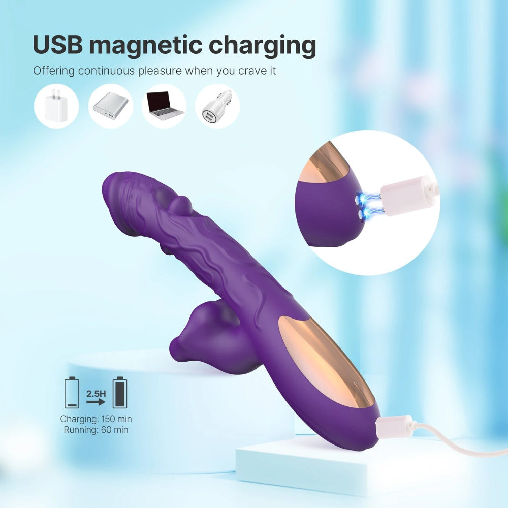 Purple USB magnetic charging dildo with a metallic gold interior, shown on a light blue background with charging icons, a close-up inset of the magnetic connection, and battery charging/running time text.