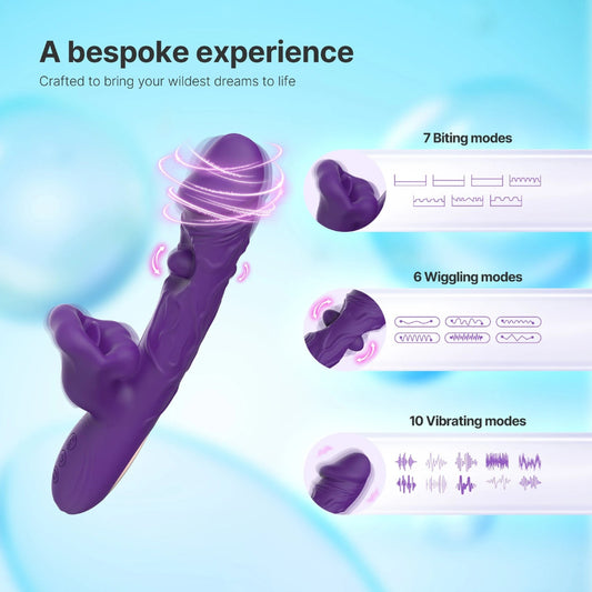 Purple silicone dual-stimulation vibrator shown on a light blue background with marketing text and feature callouts for 7 biting modes, 6 wiggling modes, and 10 vibrating modes.