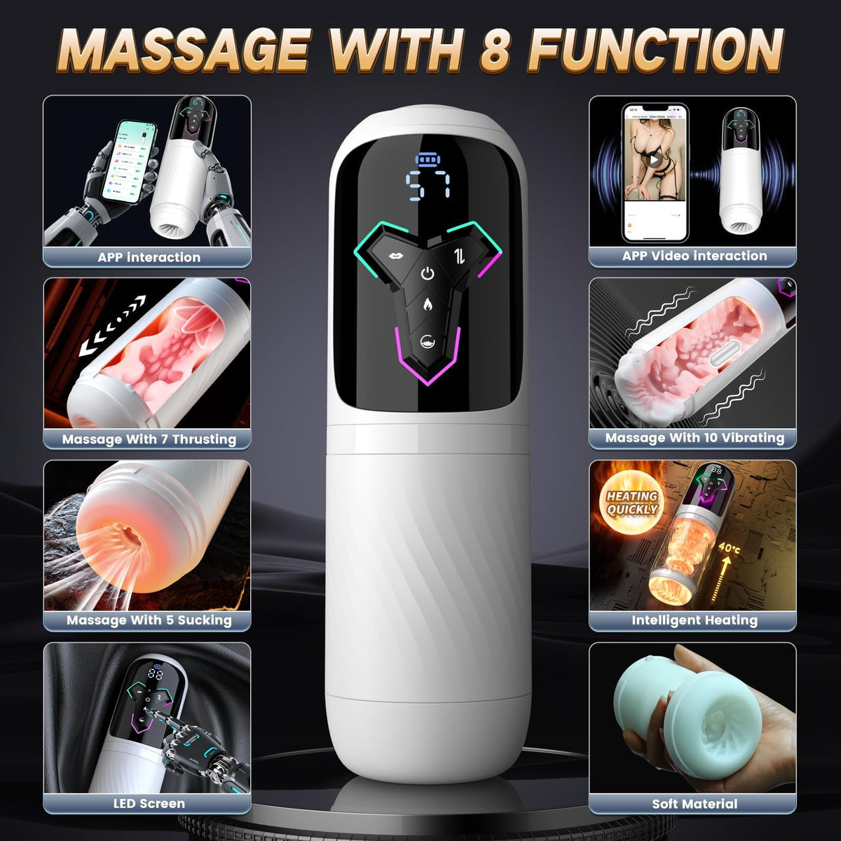 Heating Male Masturbator with 7 Thrusting, 5 Suction, 10 Vibrations & Licking for Realistic Stimulation