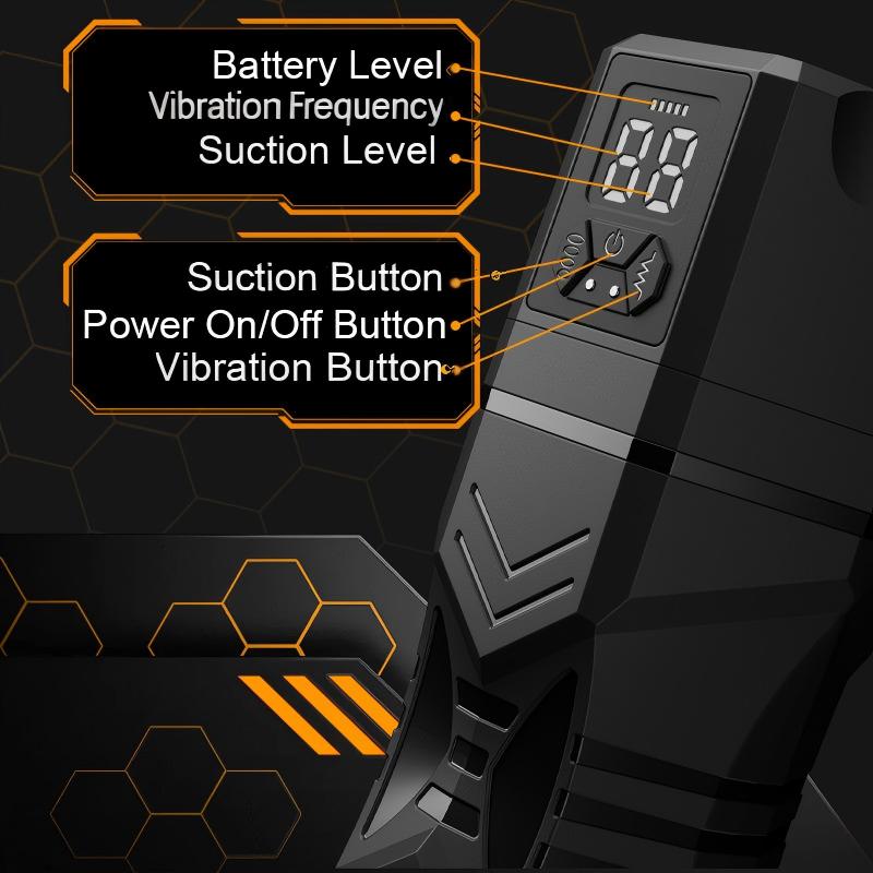 Black handheld electronic device with a digital display and control buttons, shown on a dark graphic background with orange hexagon patterns and callout labels pointing to screen and buttons.