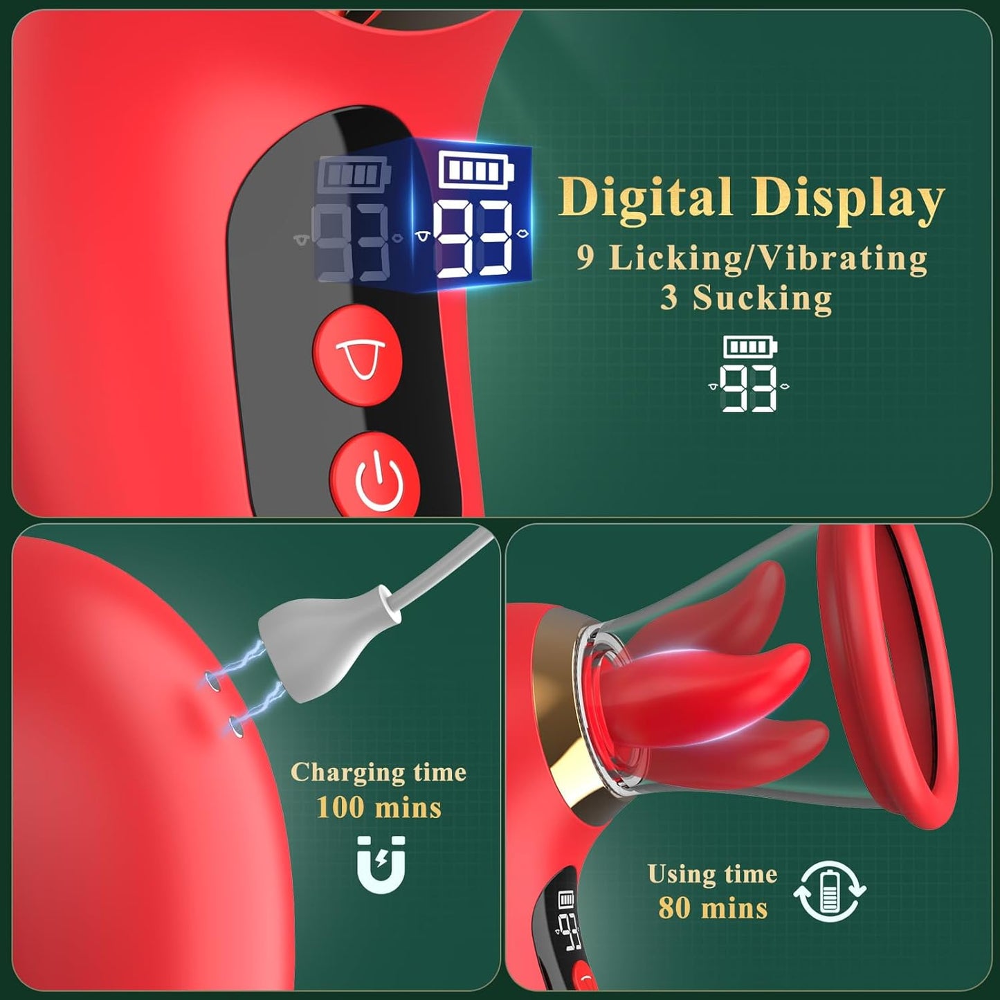 Rose Vibrator with LCD Display, 3 Suction Modes, 9 Tongue Motions, Vibration & Removable Cup