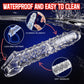 Clear silicone product with text highlighting waterproof and easy-to-clean features on a dark background.