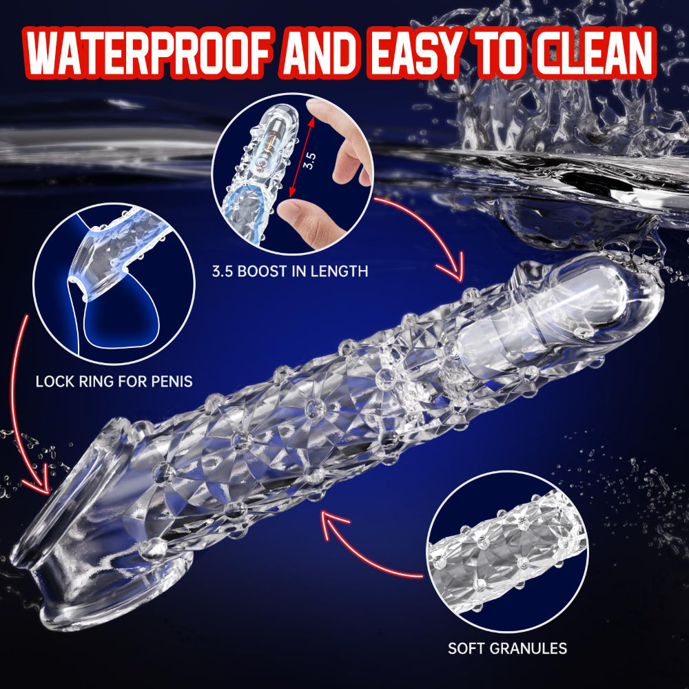 Clear silicone product with text highlighting waterproof and easy-to-clean features on a dark background.