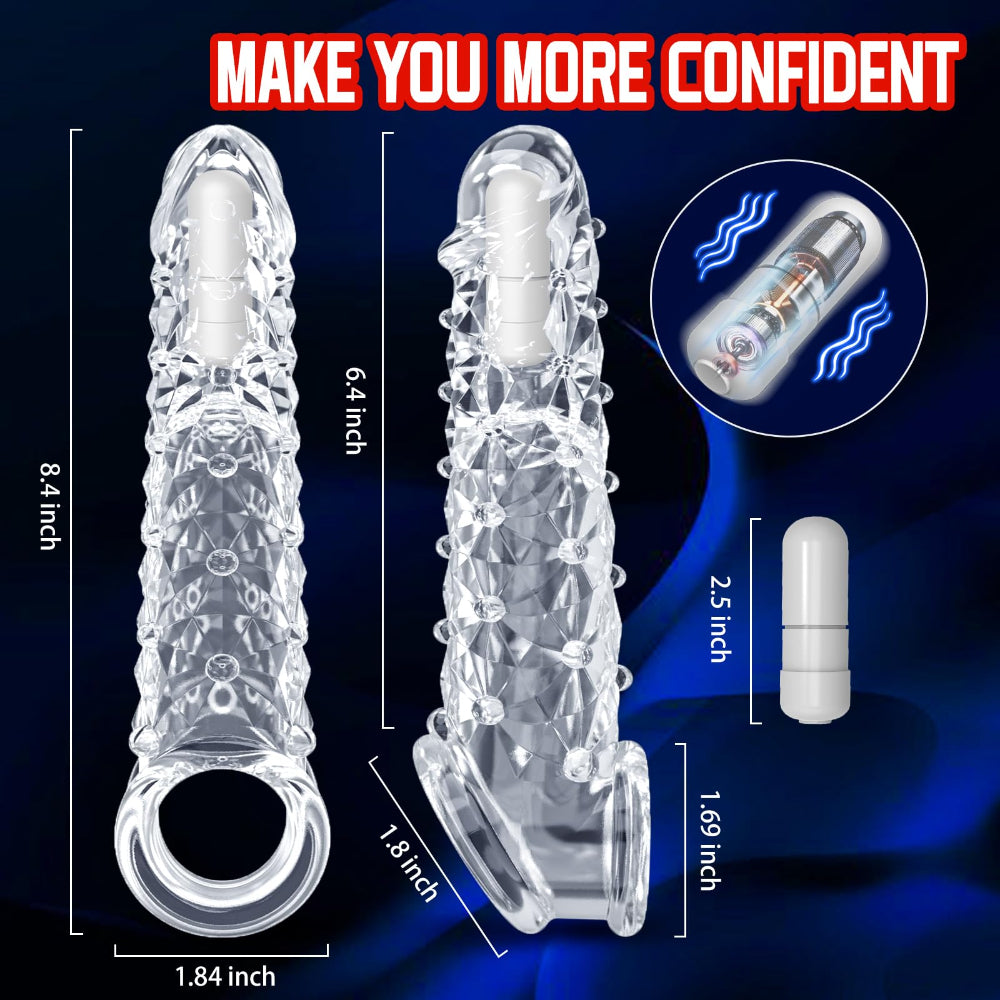 Product packaging with two clear devices, measurements, and text on a blue background