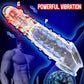 Sexual product with 'Powerful Vibration' text and a man in the background on a blue gradient background