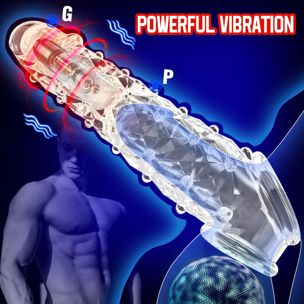 Sexual product with 'Powerful Vibration' text and a man in the background on a blue gradient background