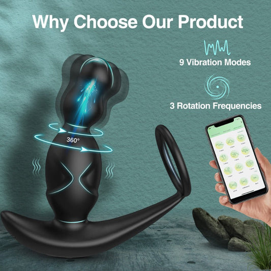 360° Rotating 9 Vibrating Penis Ring Prostate Massager